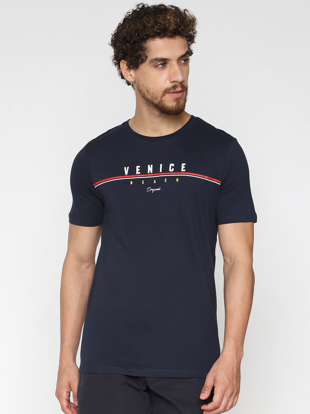Navy Blue Text Print Crew Neck T-Shirt