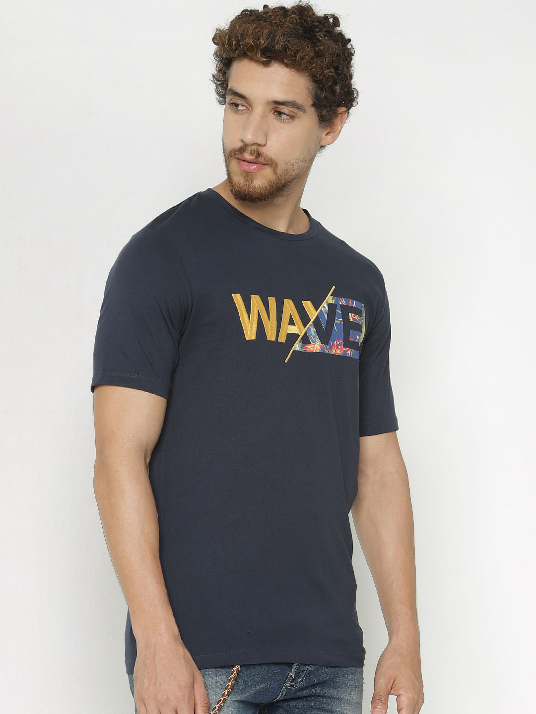 Navy Blue Text Print Crew Neck T-Shirt