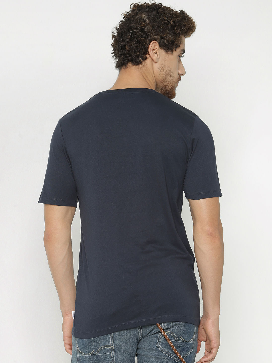 Navy Blue Text Print Crew Neck T-Shirt