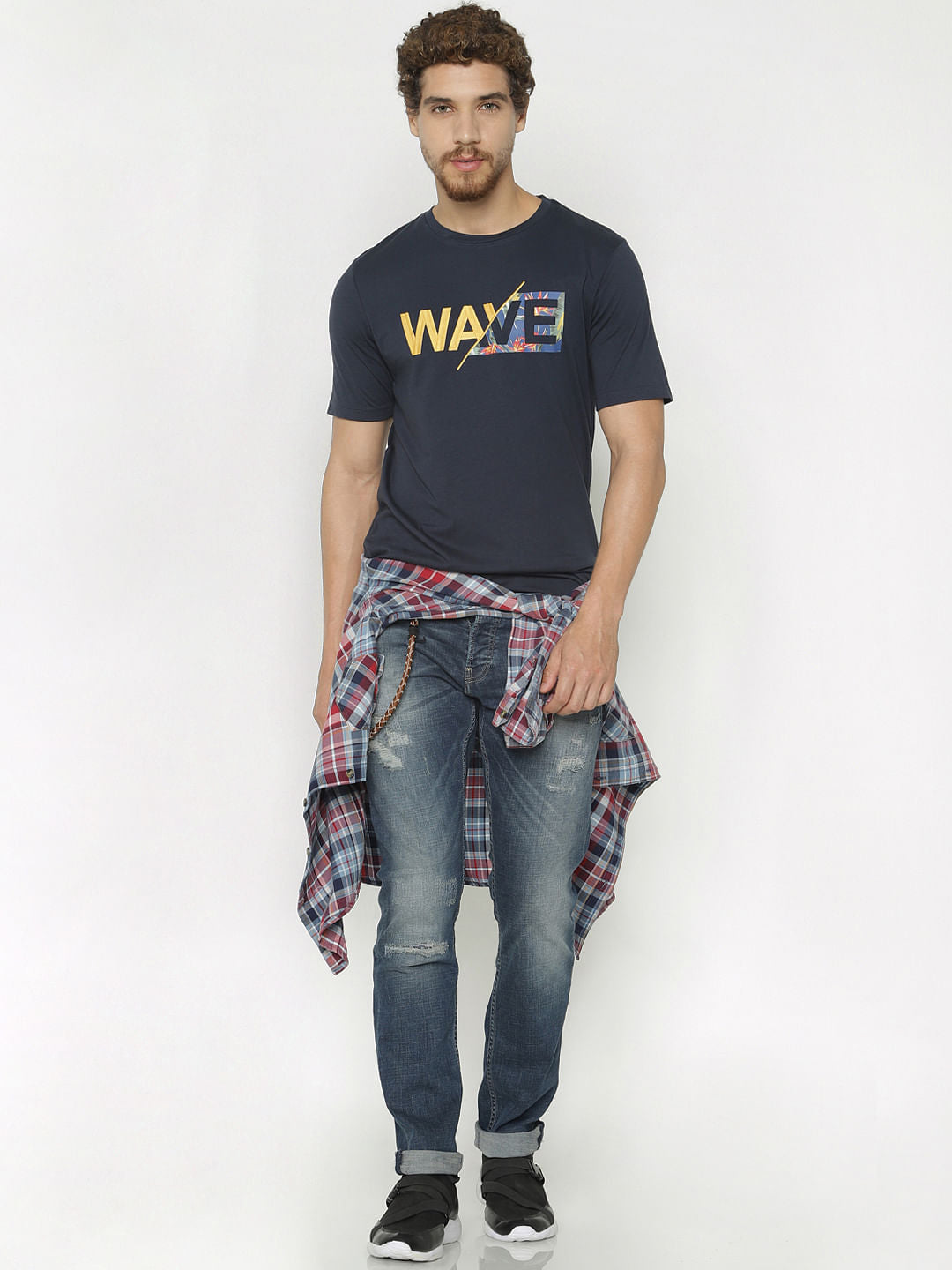 Navy Blue Text Print Crew Neck T-Shirt