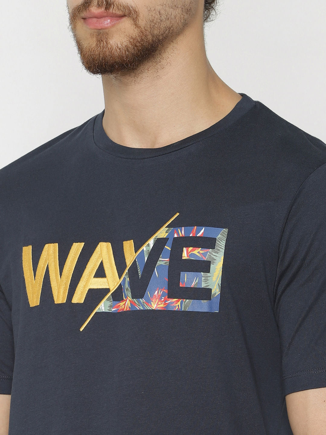 Navy Blue Text Print Crew Neck T-Shirt