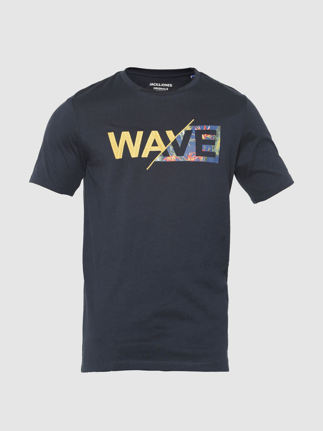 Navy Blue Text Print Crew Neck T-Shirt