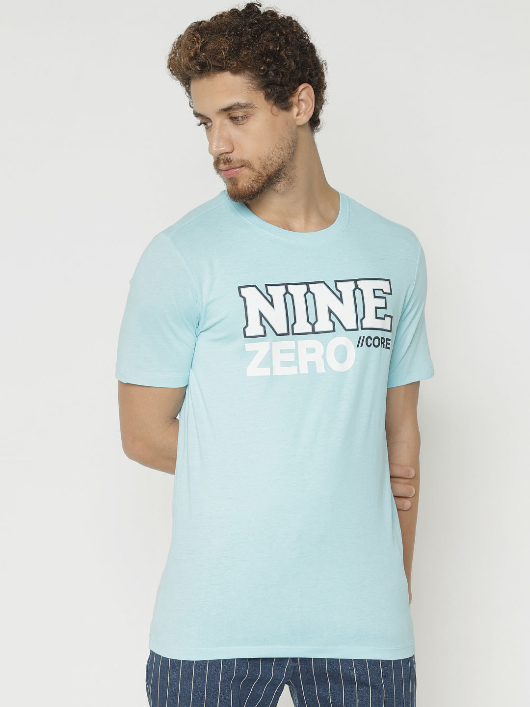 Blue Text Print Crew Neck T-Shirt - S
