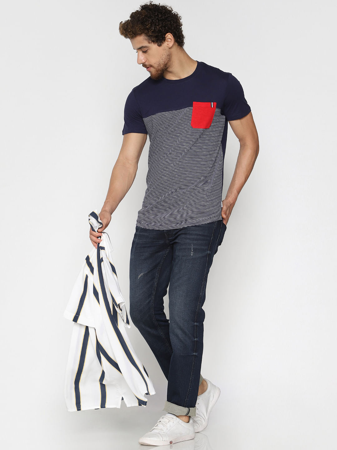 Blue Striped Crew Neck T-shirt - S