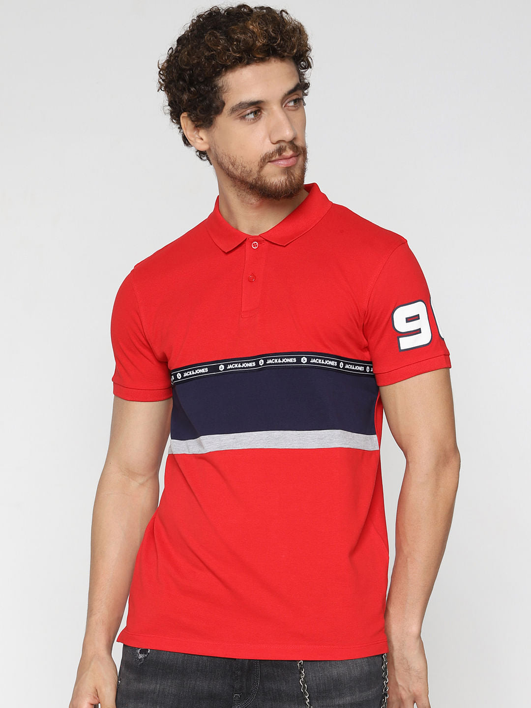 Red Patch Print Polo Neck T-Shirt