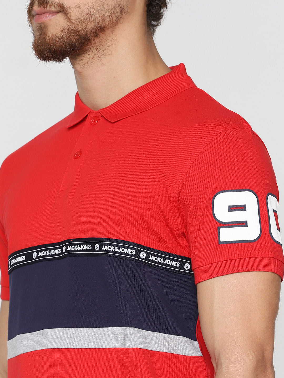 Red Patch Print Polo Neck T-Shirt