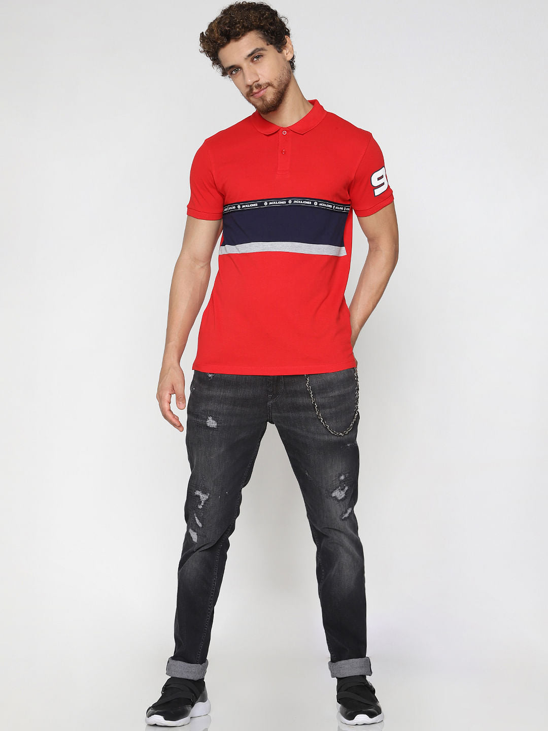 Red Patch Print Polo Neck T-Shirt