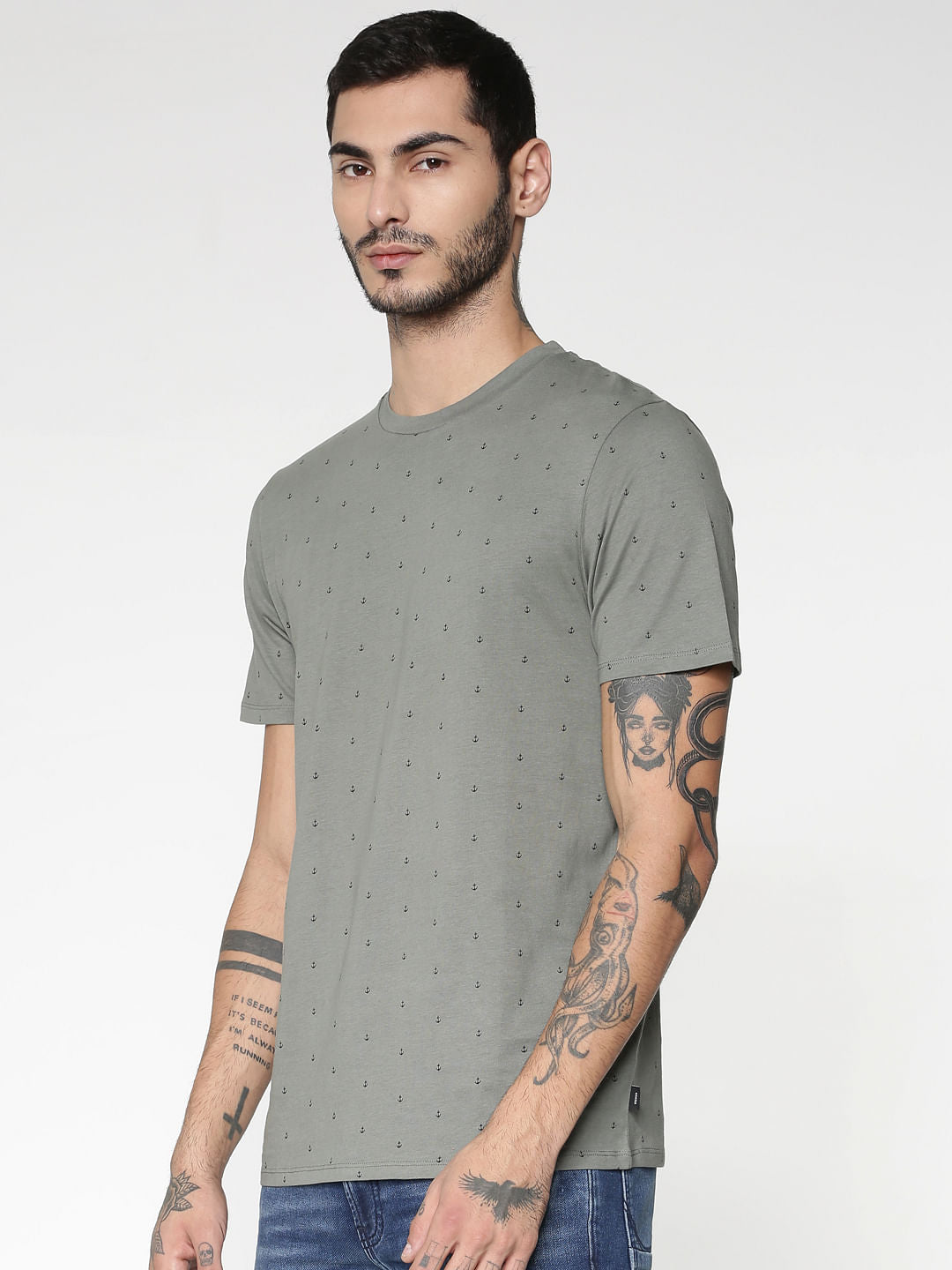 Grey All Over Print Crew Neck T-Shirt