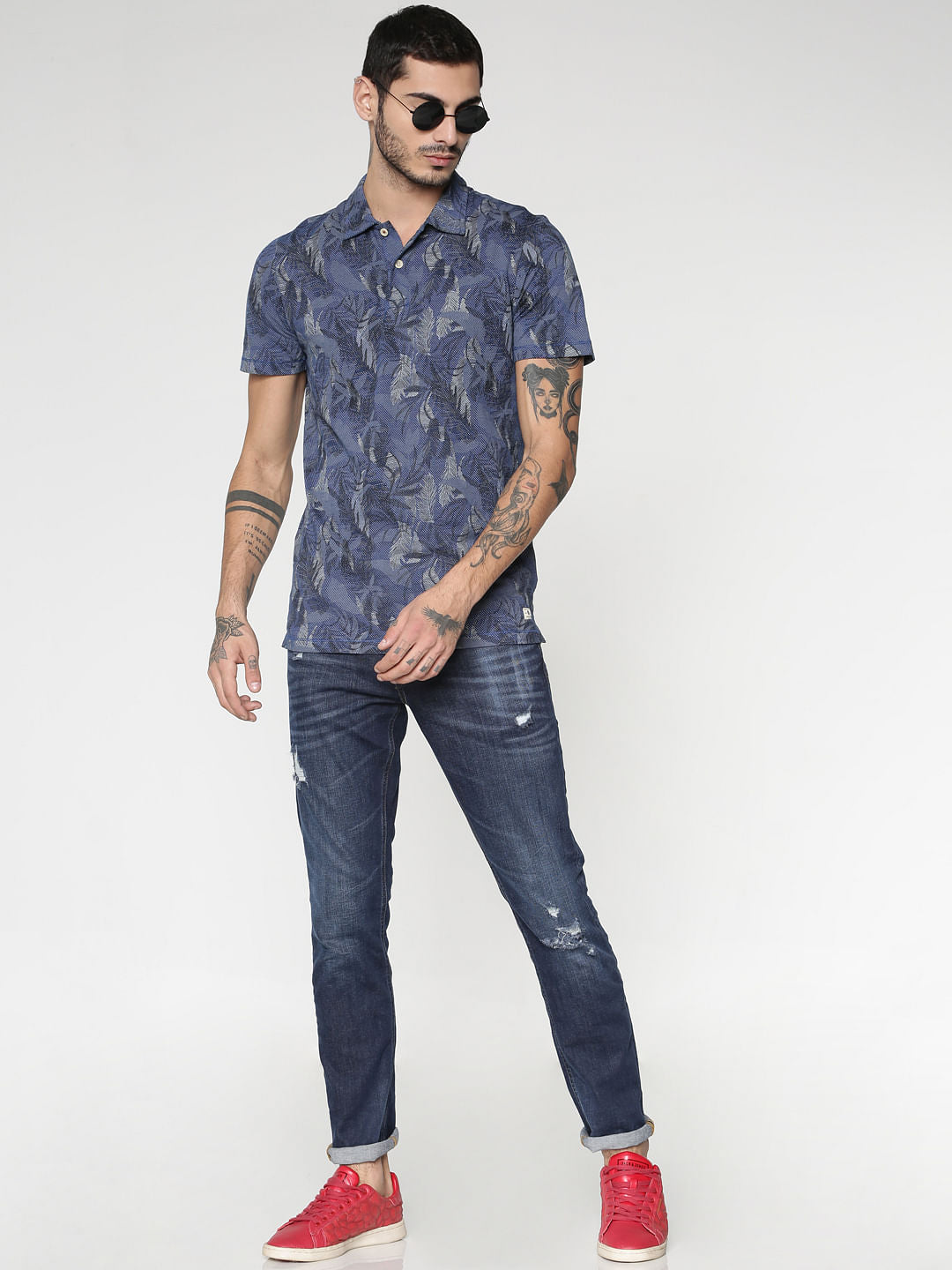 Blue All Over Print Polo Neck T-Shirt - S