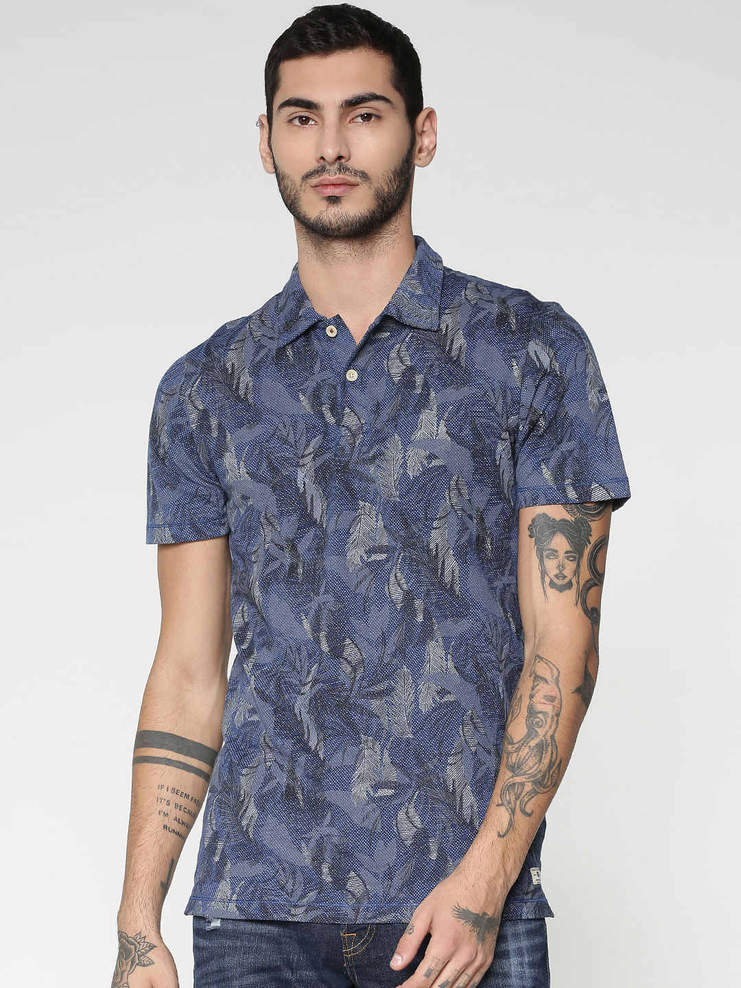 Blue All Over Print Polo Neck T-Shirt