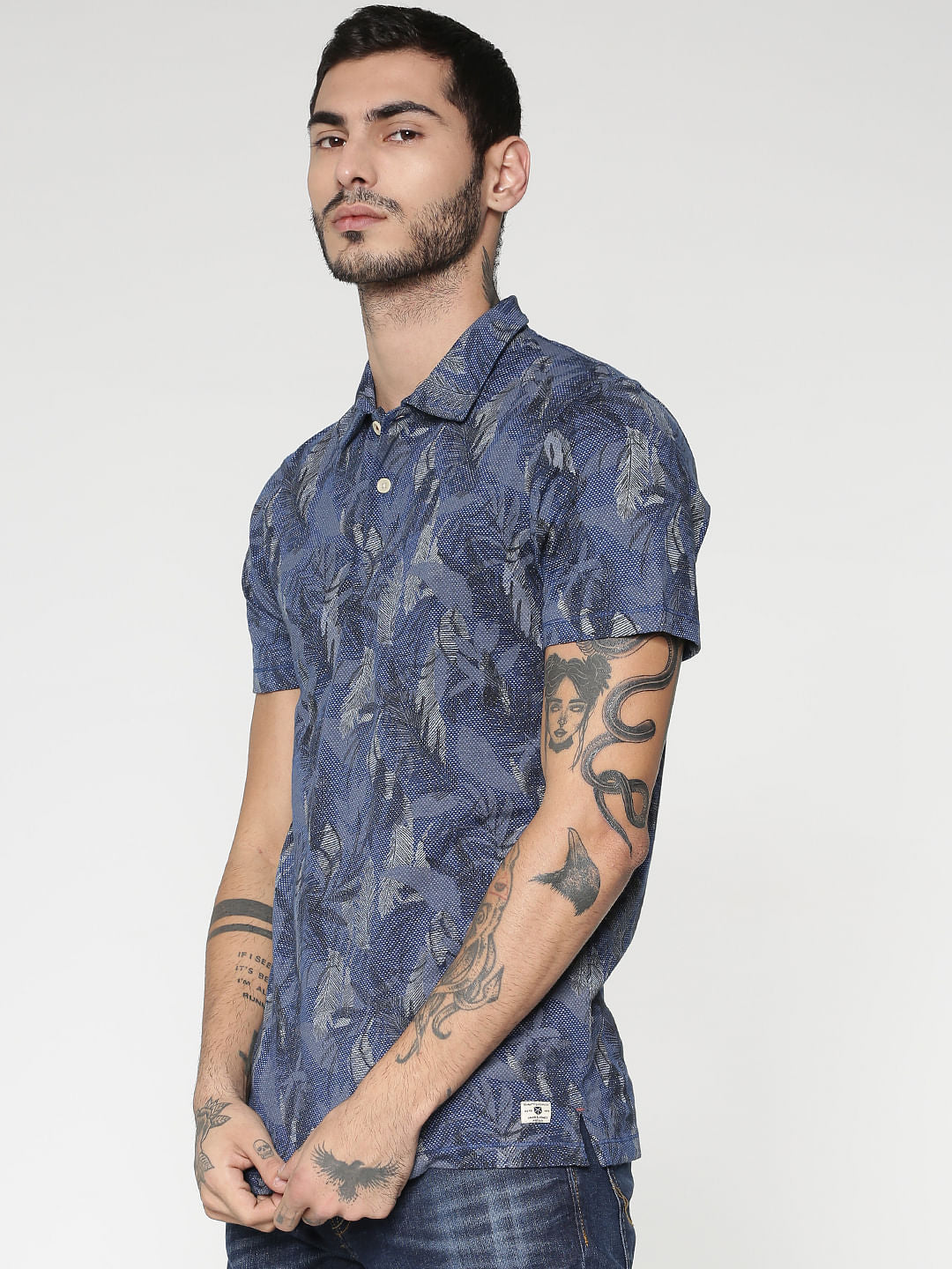 Blue All Over Print Polo Neck T-Shirt