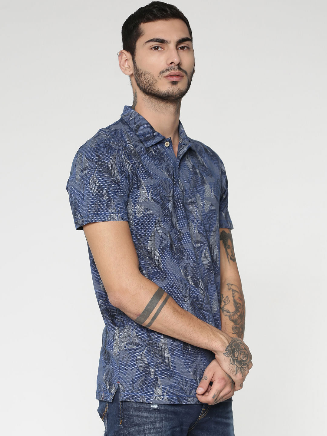Blue All Over Print Polo Neck T-Shirt