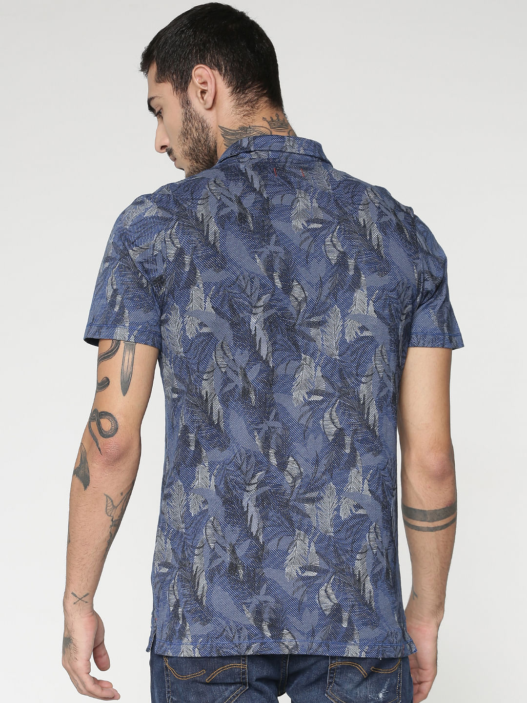 Blue All Over Print Polo Neck T-Shirt