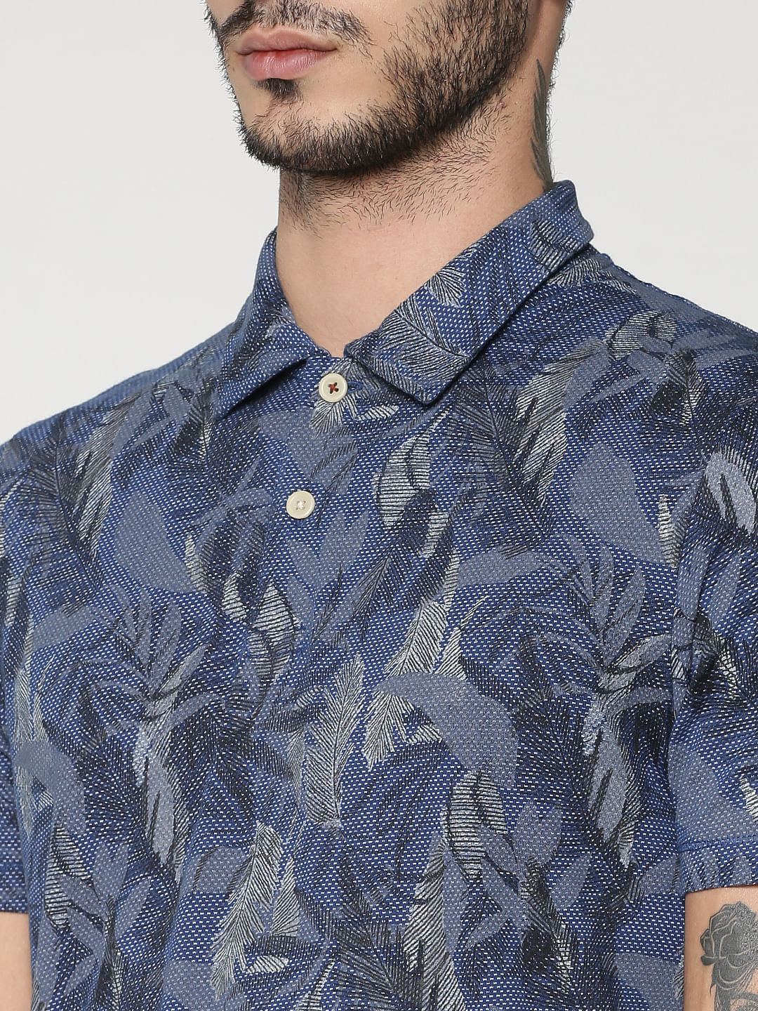 Blue All Over Print Polo Neck T-Shirt