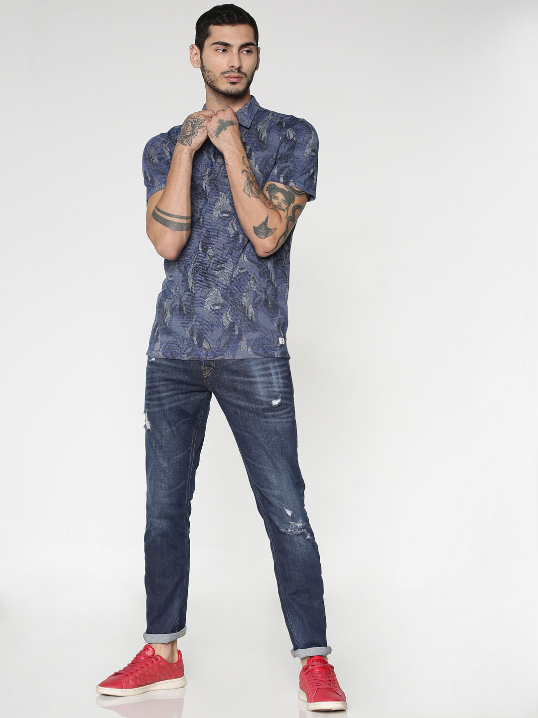 Blue All Over Print Polo Neck T-Shirt