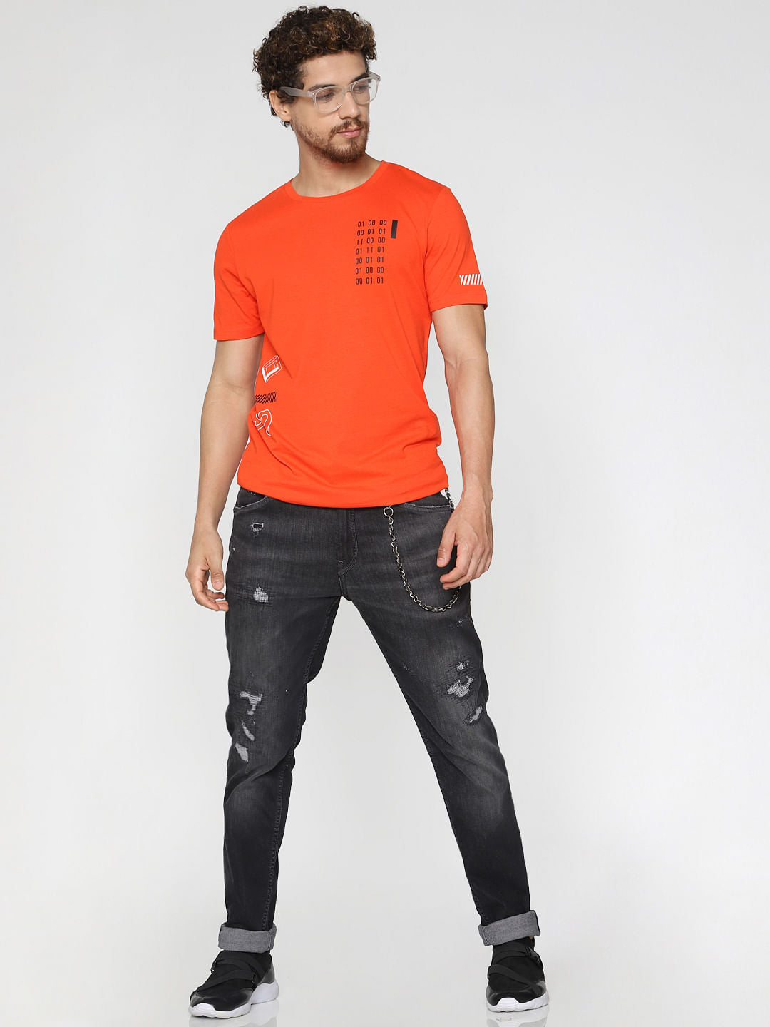Orange Printed Crew Neck T-Shirt - S