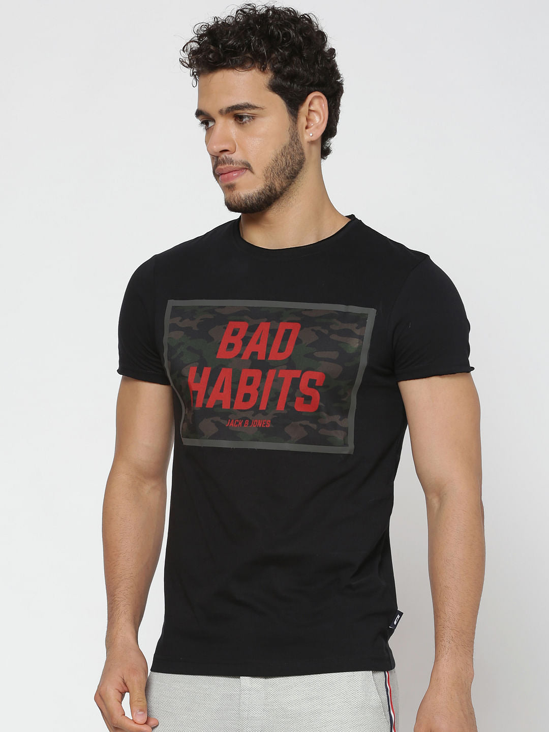 Black Text Print Slim Fit Crew Neck T-Shirt - S