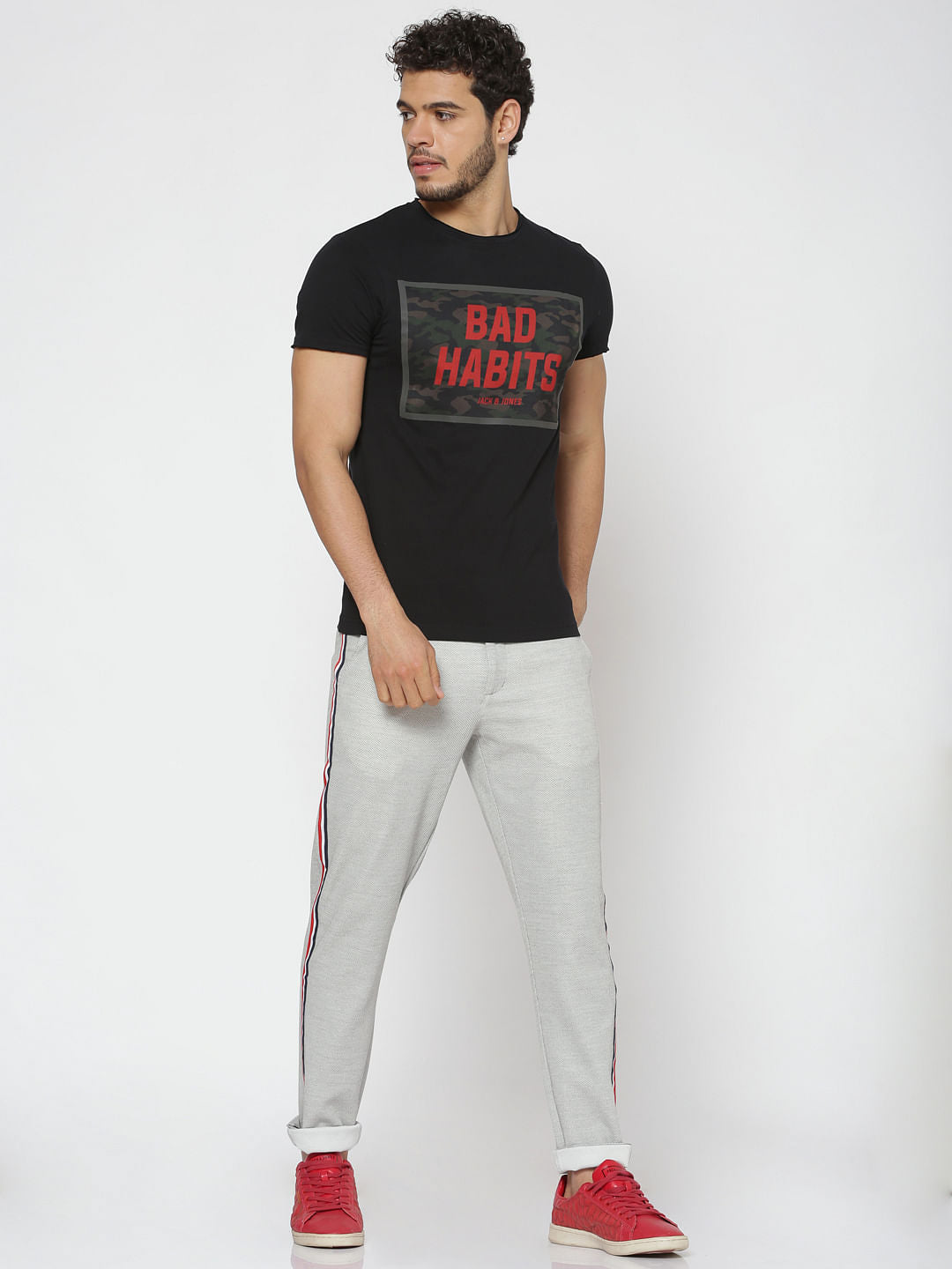 Black Text Print Slim Fit Crew Neck T-Shirt