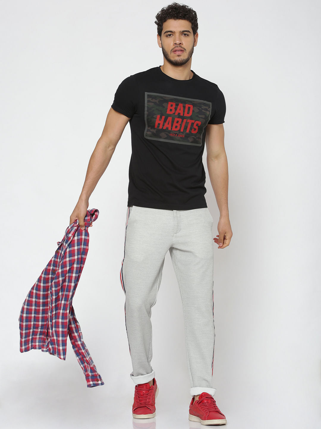 Black Text Print Slim Fit Crew Neck T-Shirt