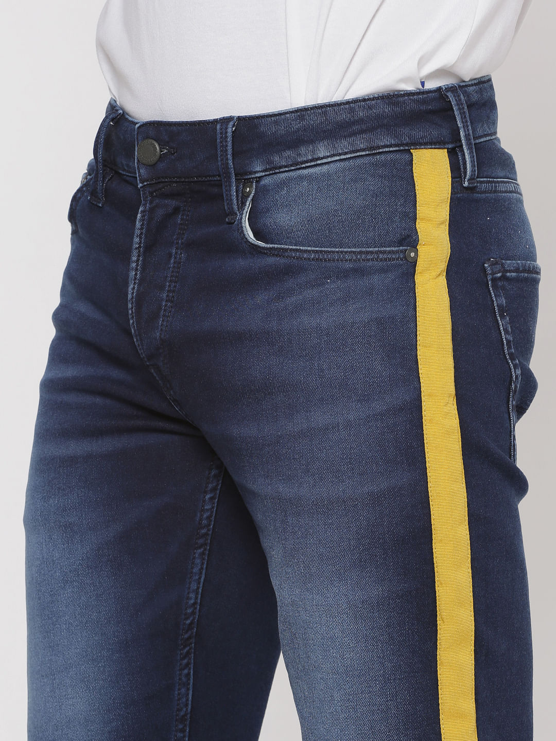 Blue Side Tape Detail Slim Fit Denim Shorts