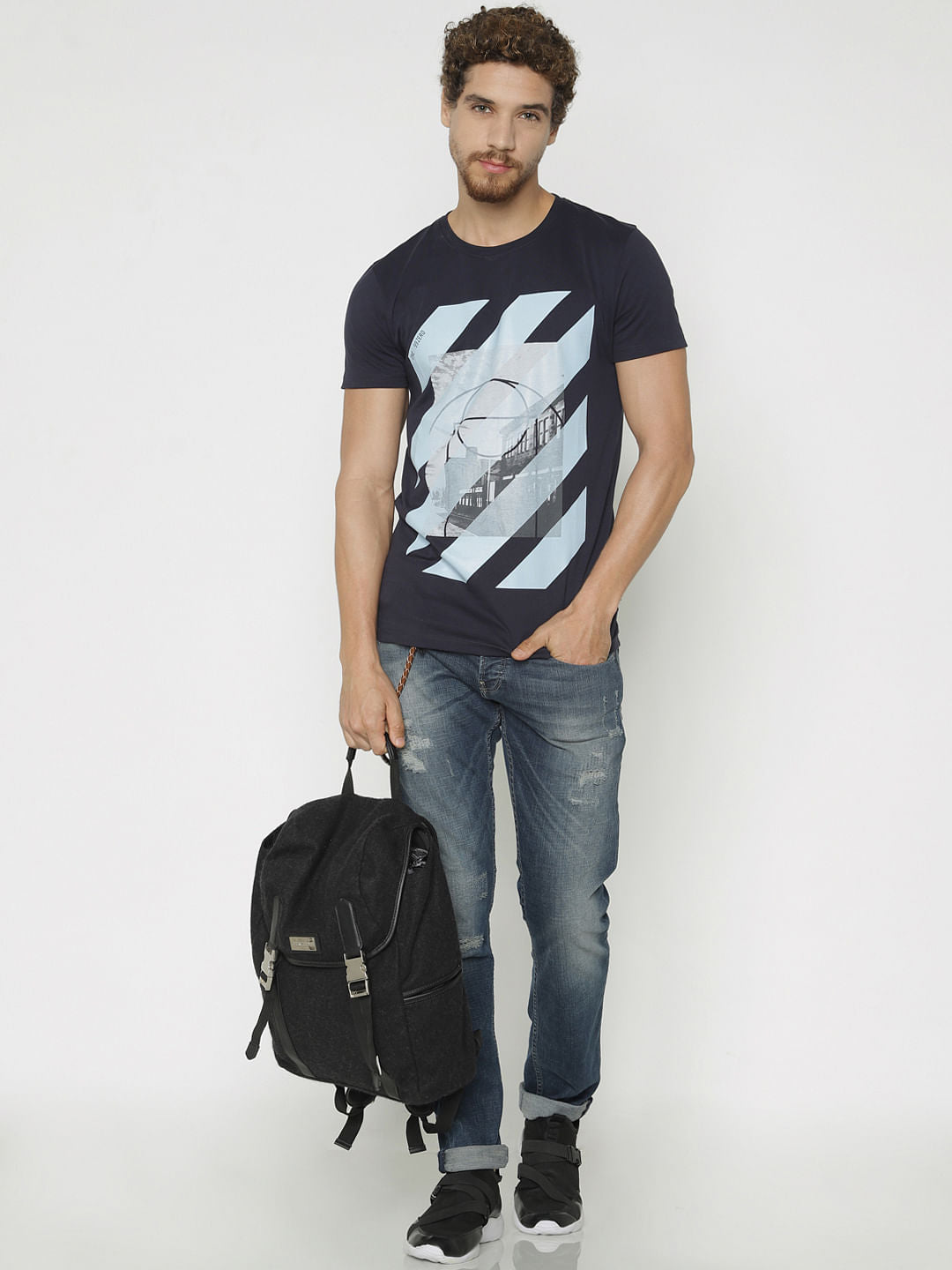 Blue Printed Crew Neck T-Shirt