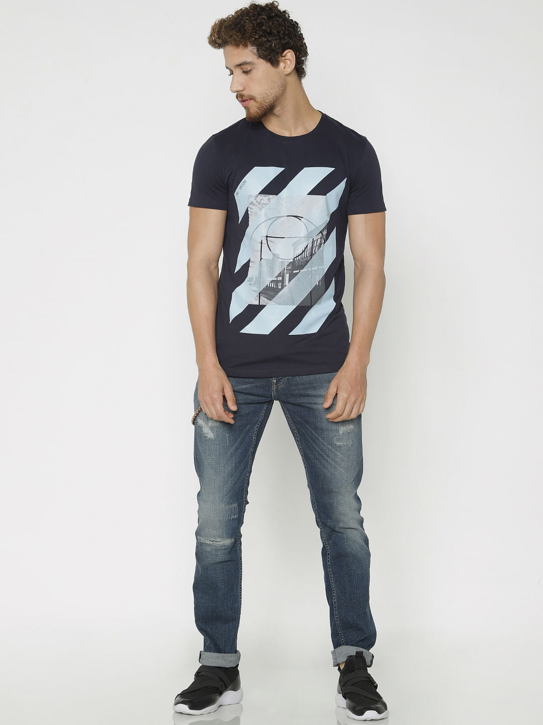 Blue Printed Crew Neck T-Shirt