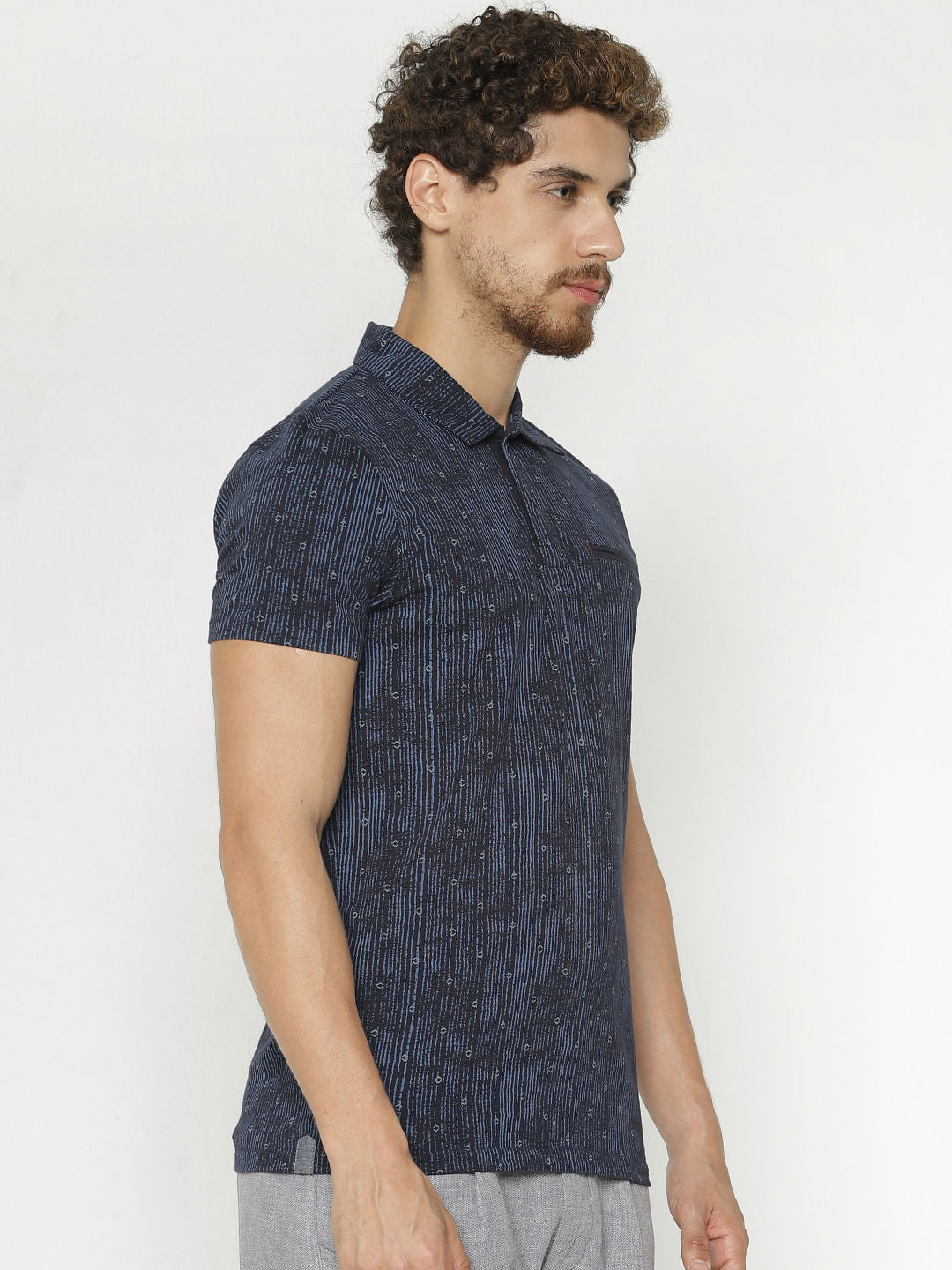 Blue Printed Polo Neck T-Shirt