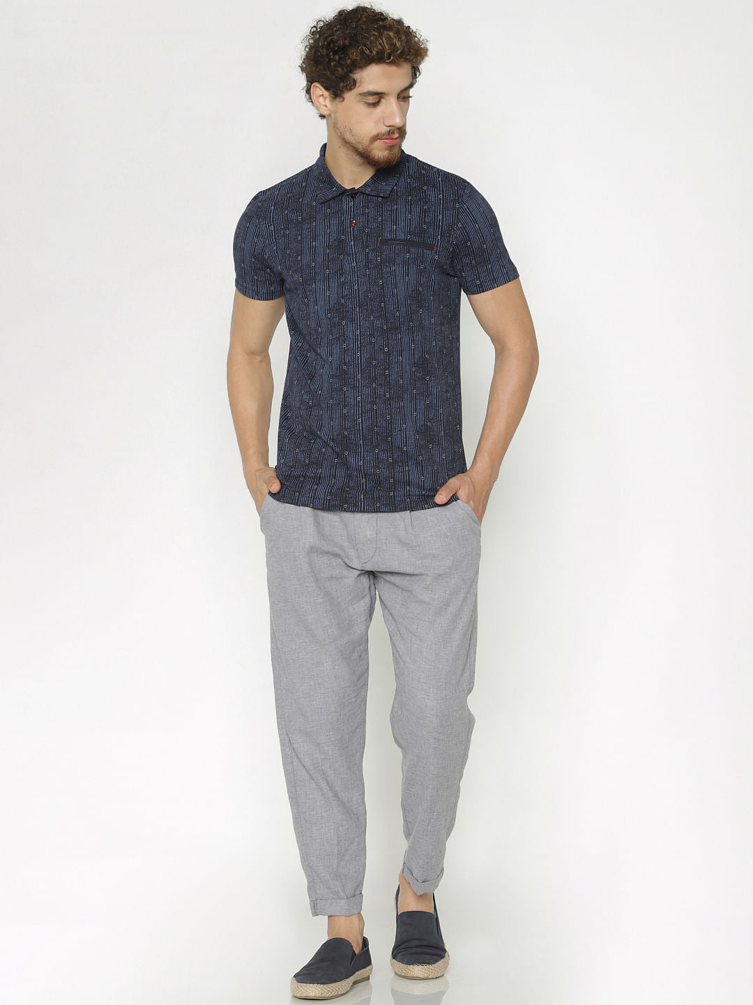 Blue Printed Polo Neck T-Shirt