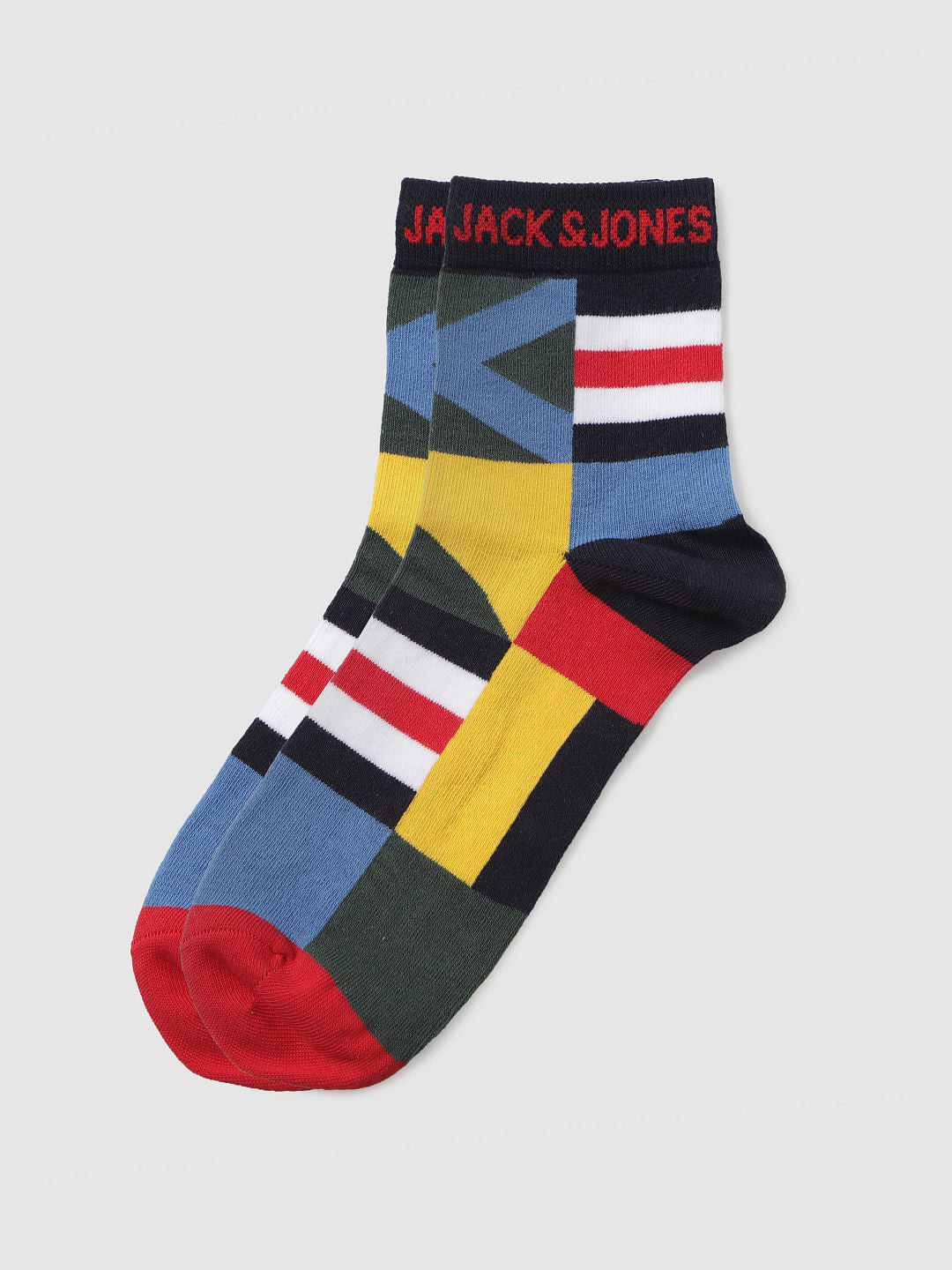 Red Colour Blocked Mid Calf Length Socks - ONE