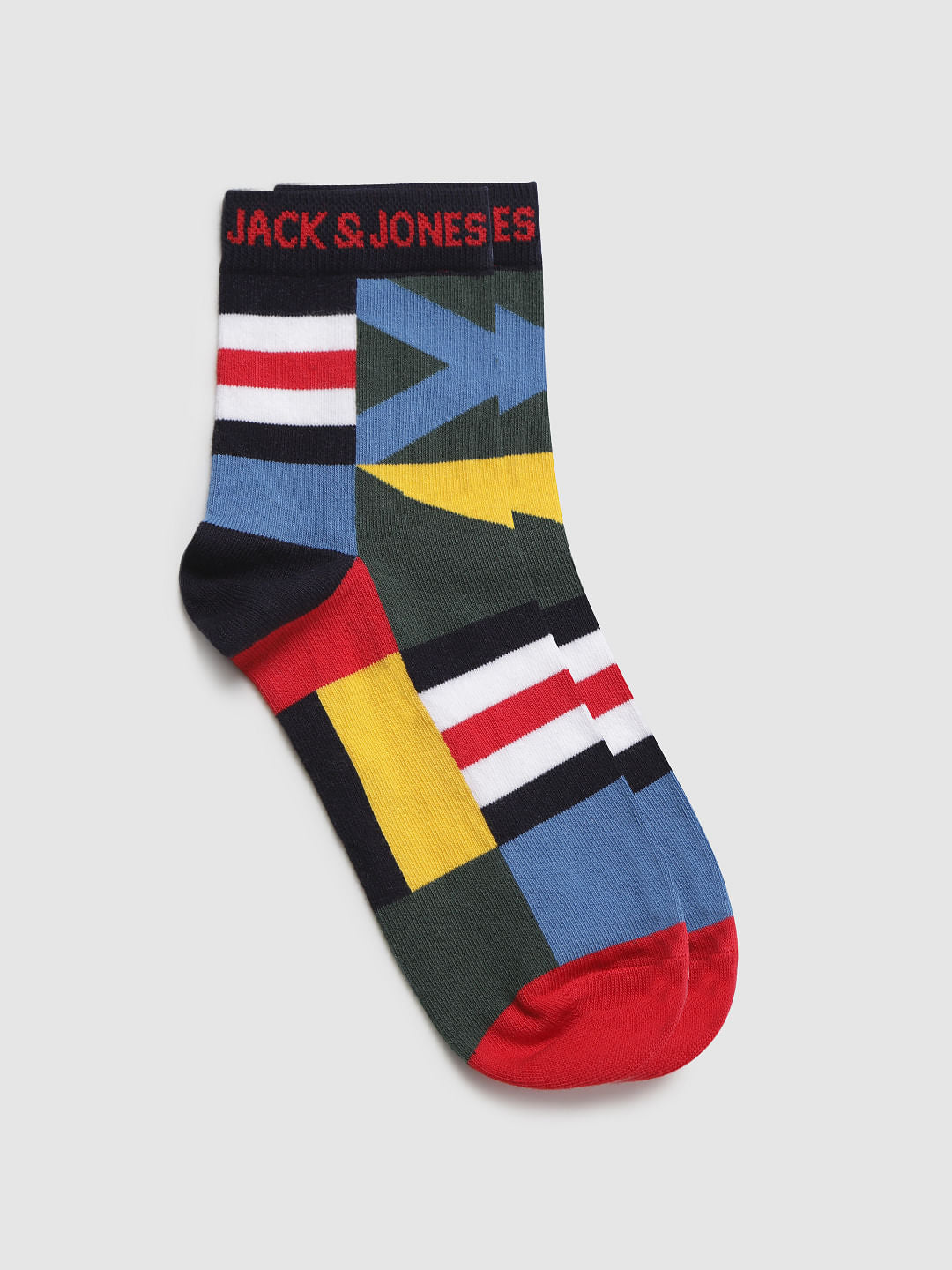 Red Colour Blocked Mid Calf Length Socks