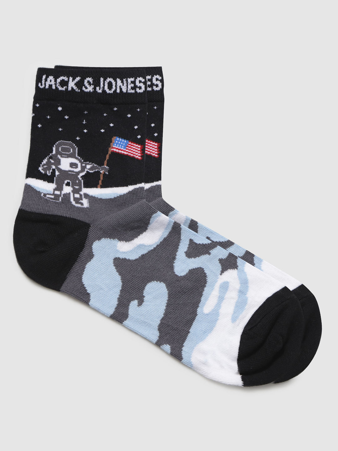 Black Astronaut Print Mid Calf Length Socks - ONE