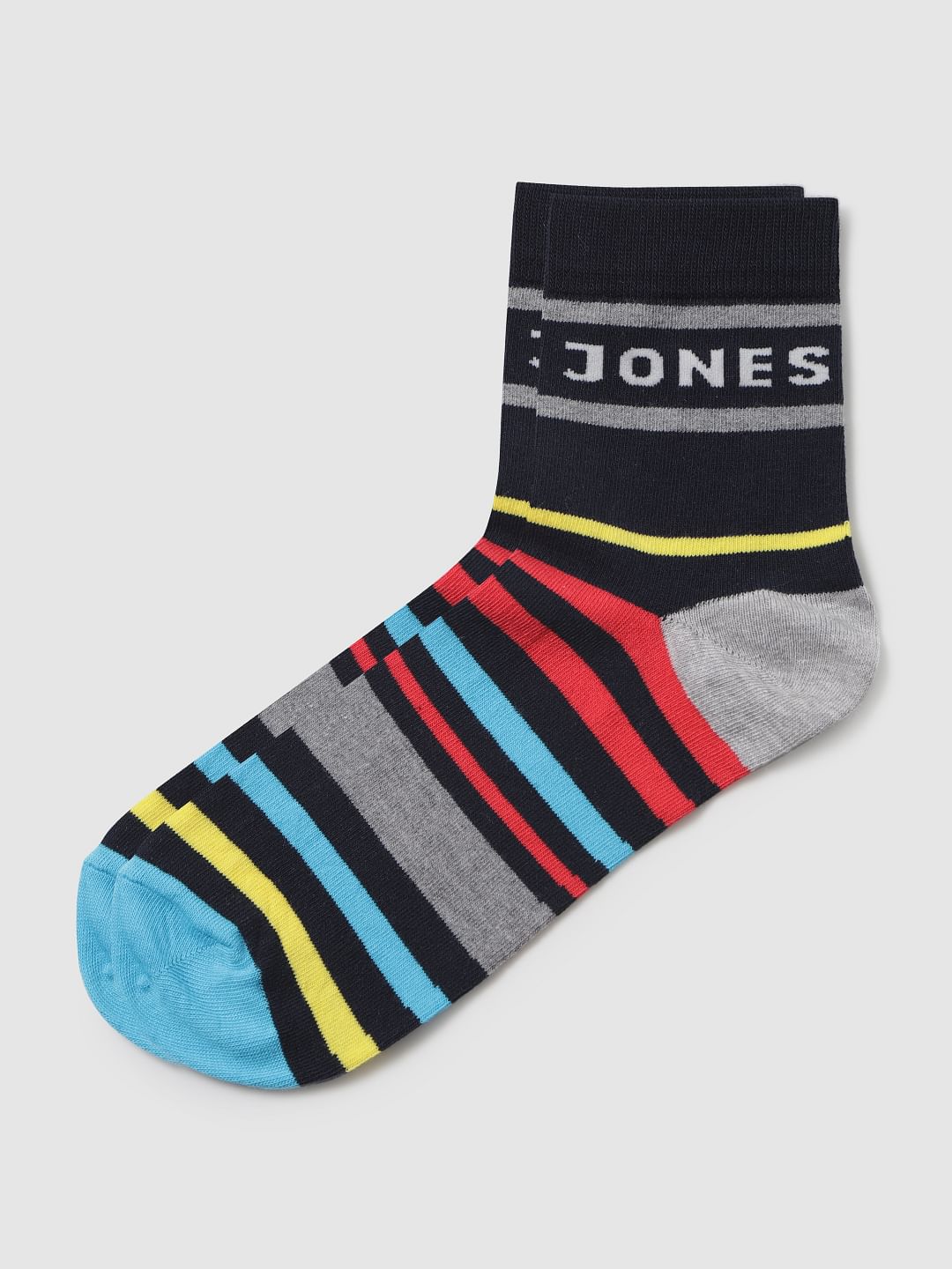 Black Multicoloured Striped Mid Calf Length Pack Of Three Socks