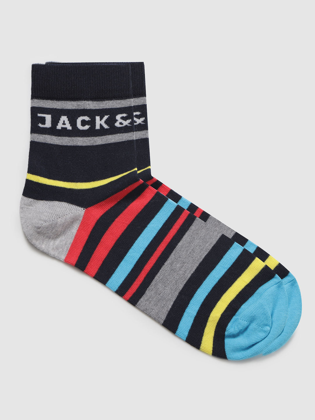 Black Multicoloured Striped Mid Calf Length Pack Of Three Socks