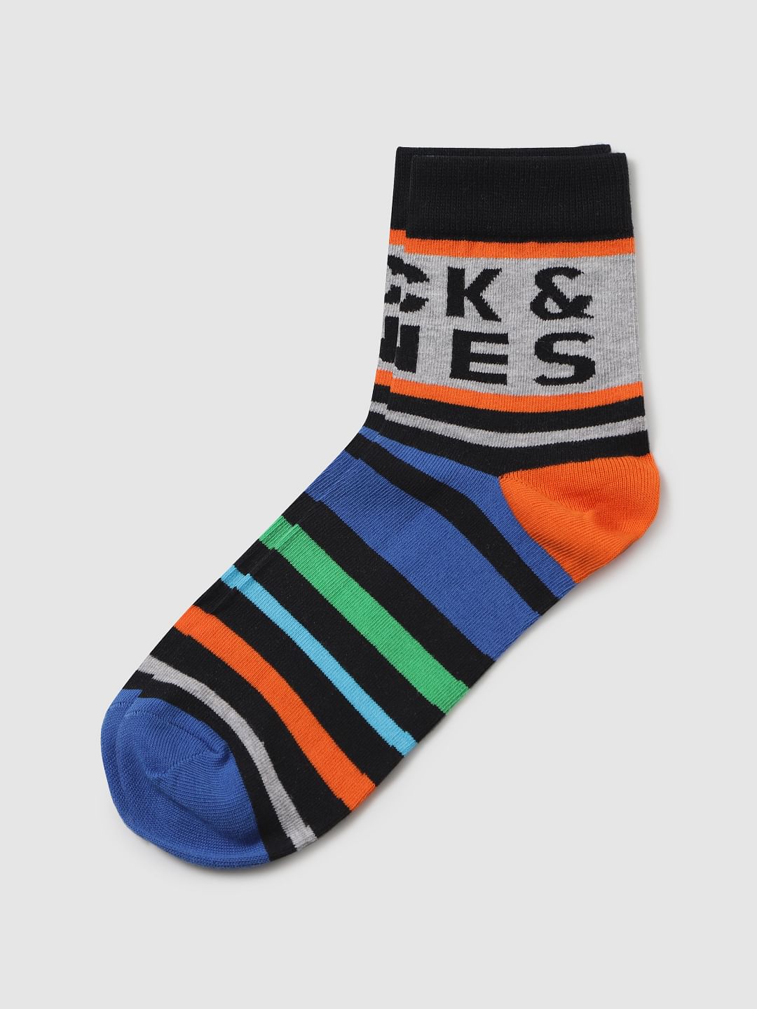 Black Multicoloured Striped Mid Calf Length Pack Of Three Socks