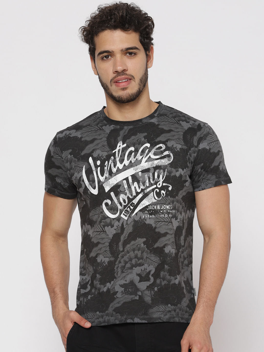 Black All Over Print Crew Neck T-Shirt - S