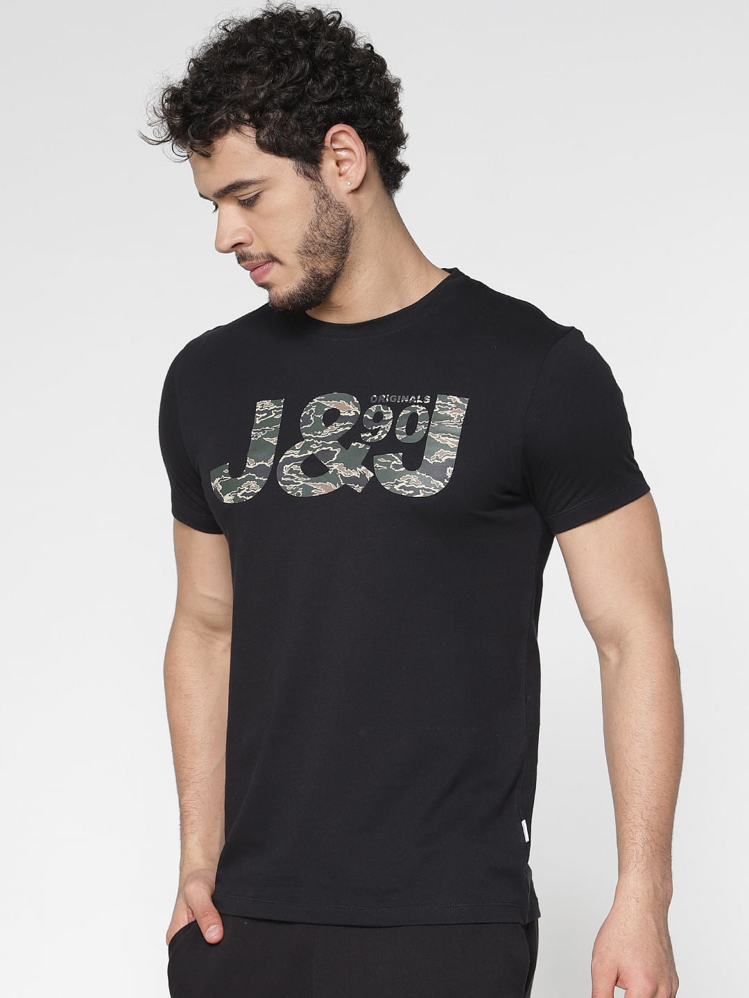 Black Camo Print Crew Neck T-Shirt