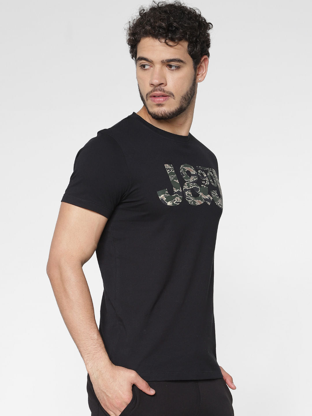Black Camo Print Crew Neck T-Shirt