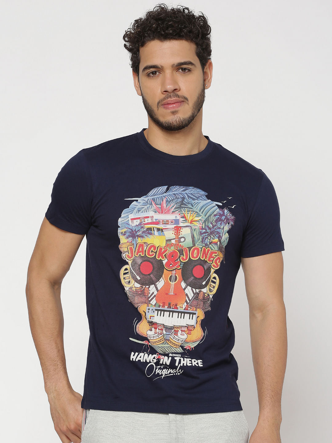 Navy Blue Graphic Print Crew Neck T-Shirt - S