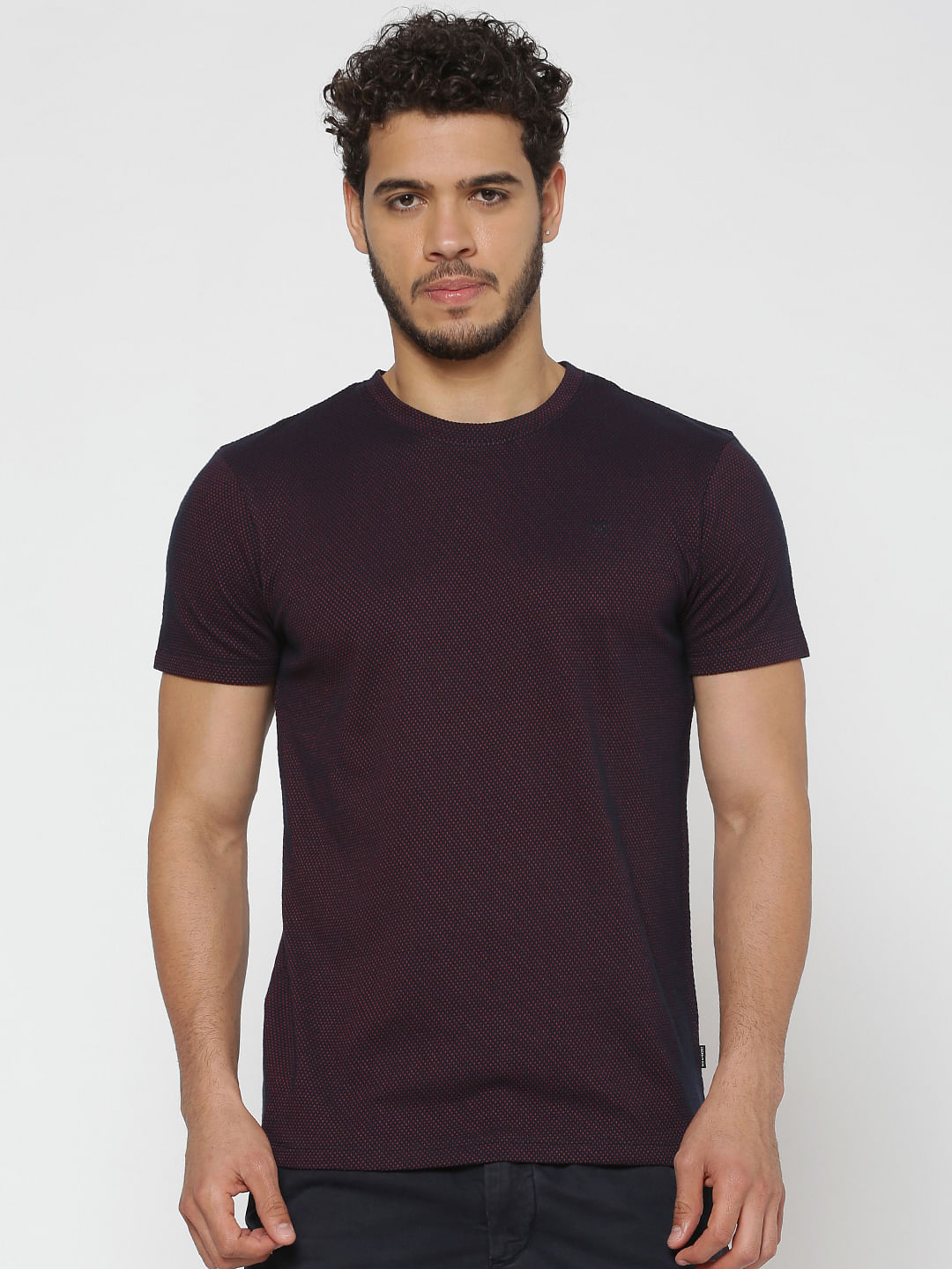 Burgundy Textured Crew Neck T-Shirt - S