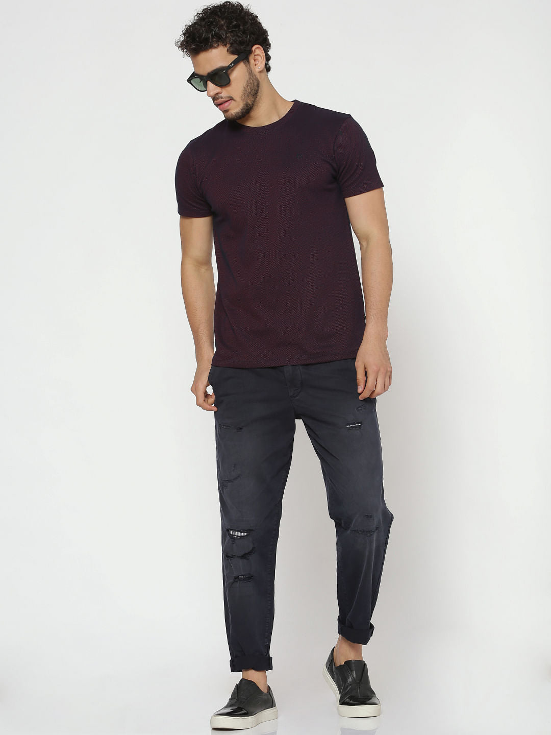 Burgundy Textured Crew Neck T-Shirt