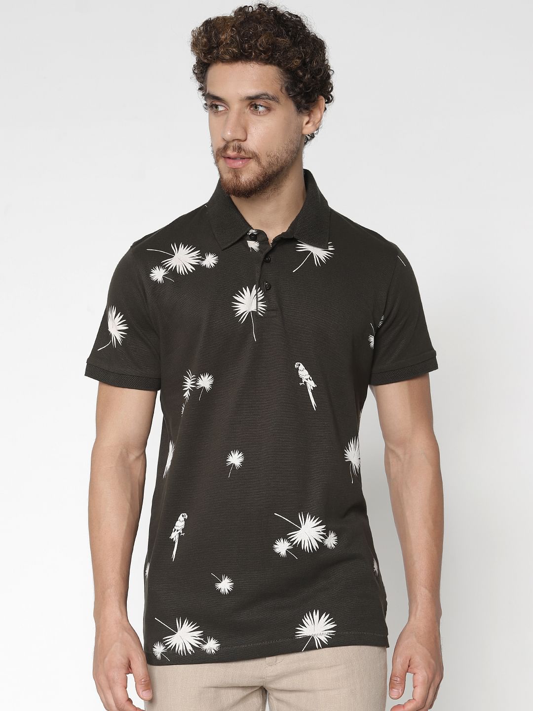 Dark Green Printed Polo Neck T-Shirt - S