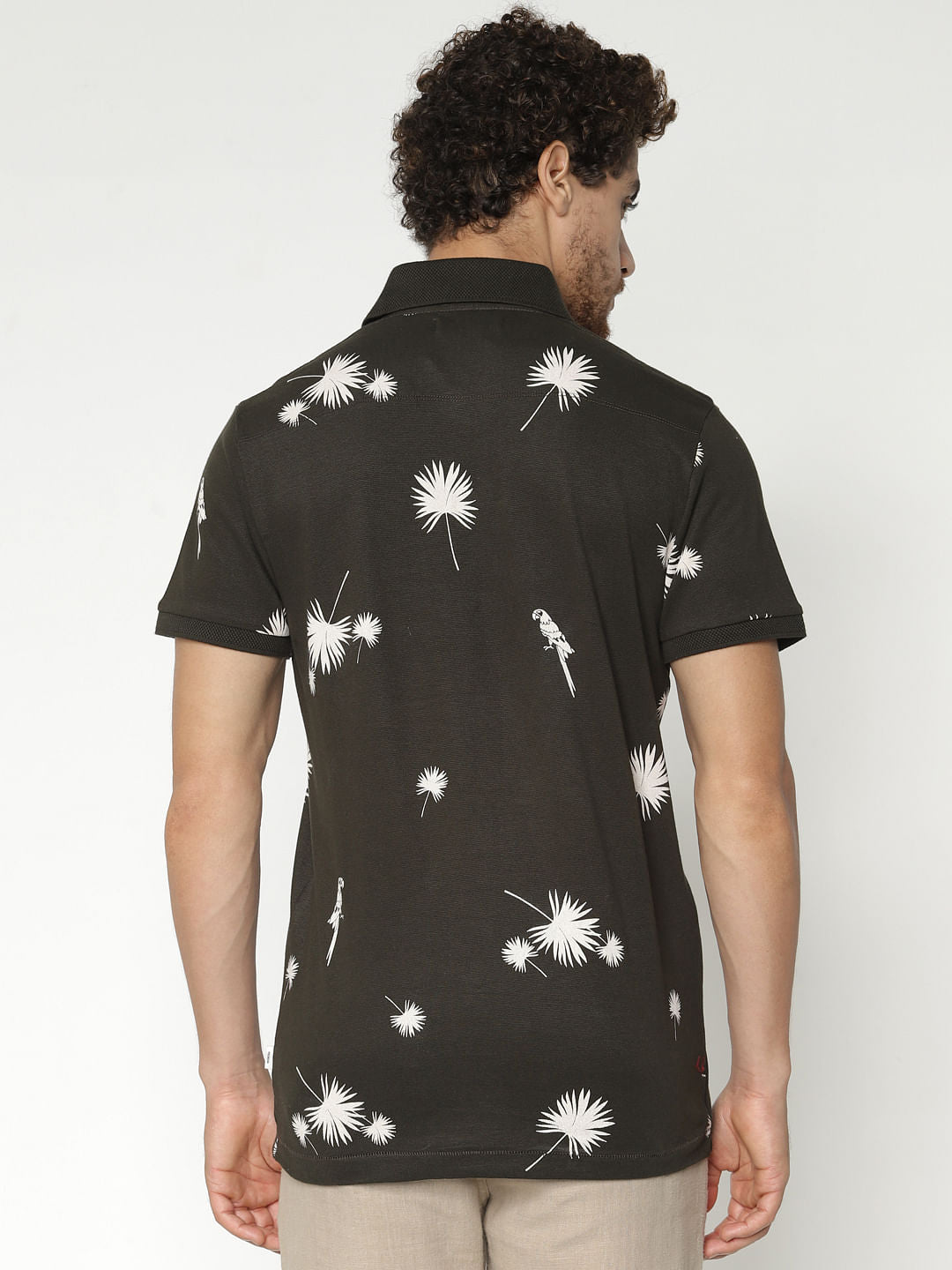Dark Green Printed Polo Neck T-Shirt