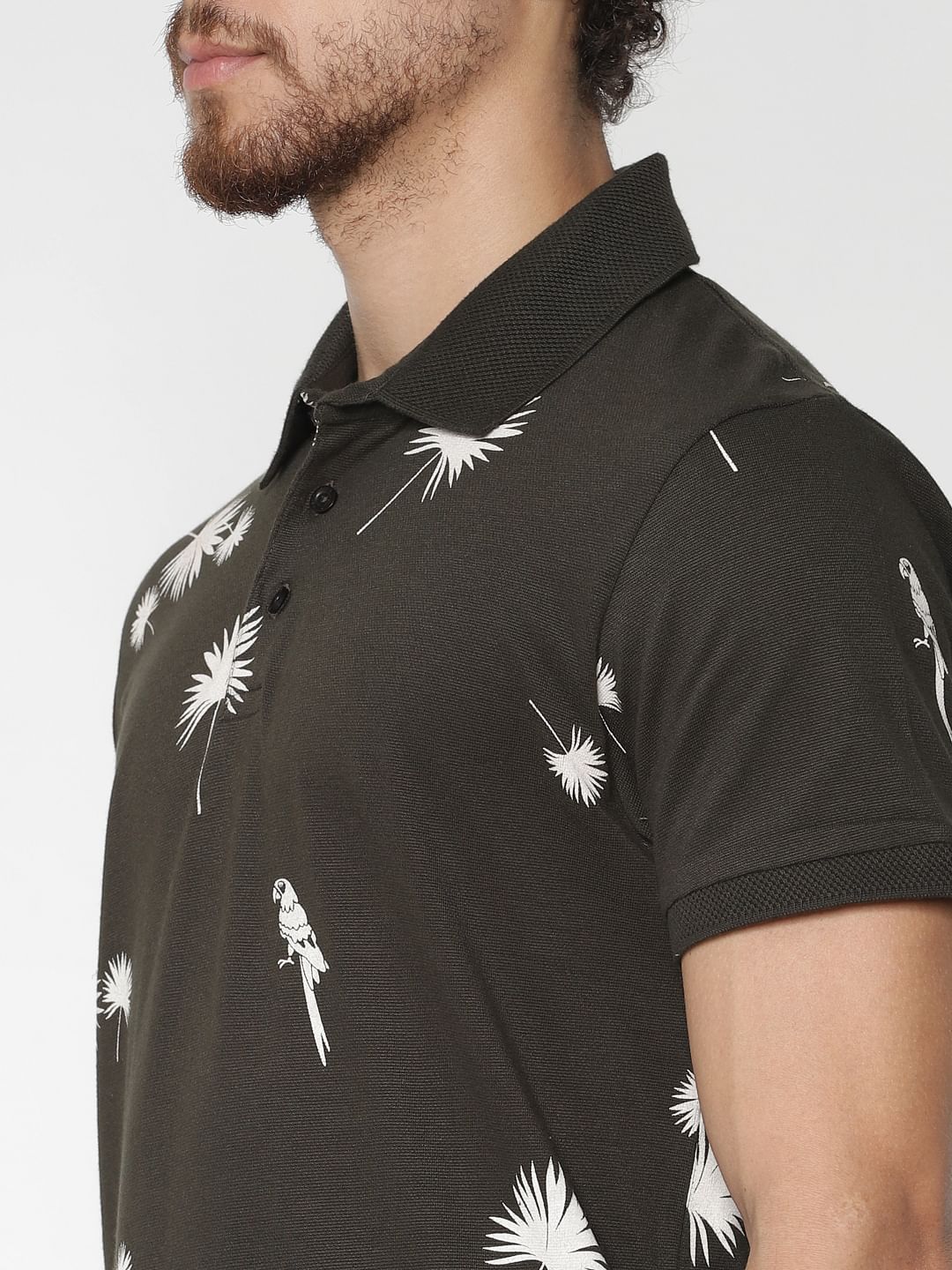 Dark Green Printed Polo Neck T-Shirt