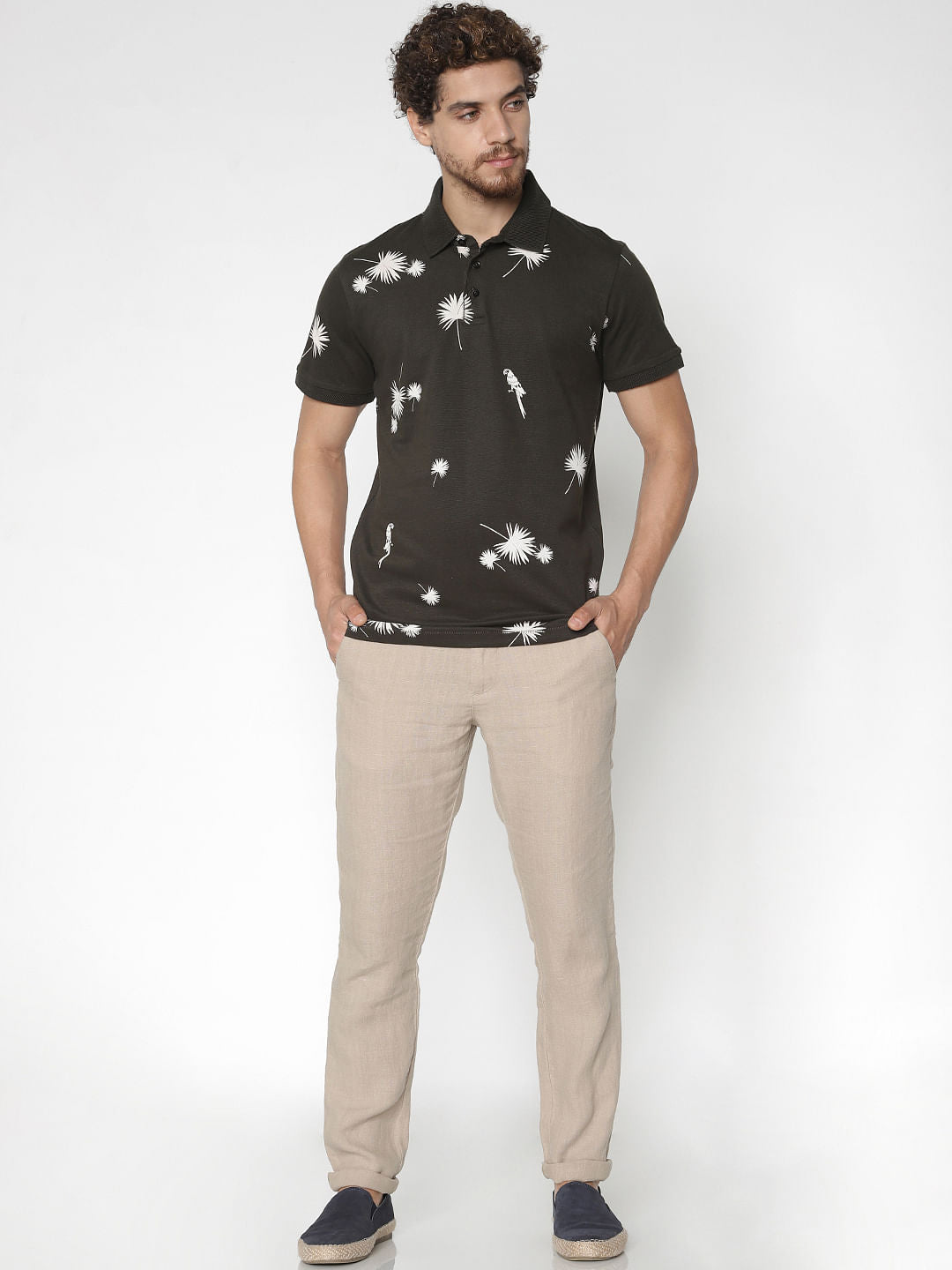 Dark Green Printed Polo Neck T-Shirt