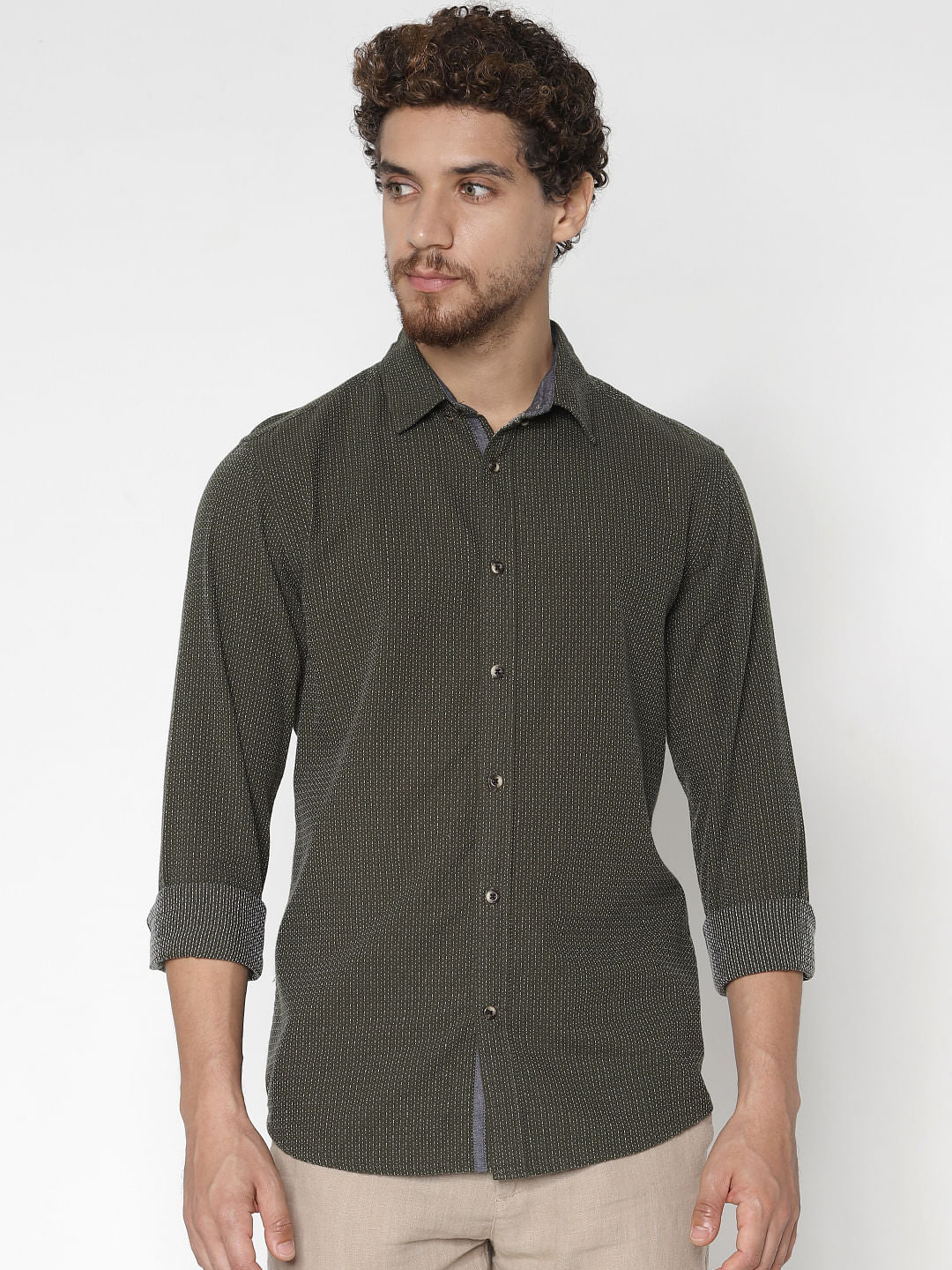 Green Printed Full Sleeves Shirt - S