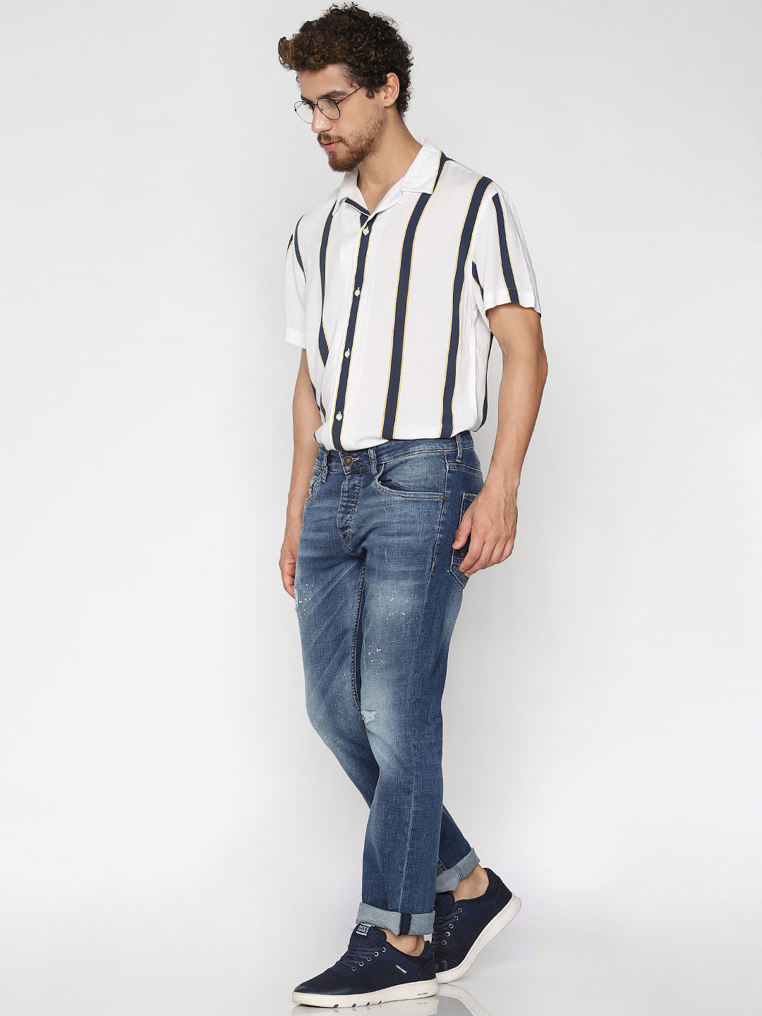 White Striped Short Sleeves Shirt - S