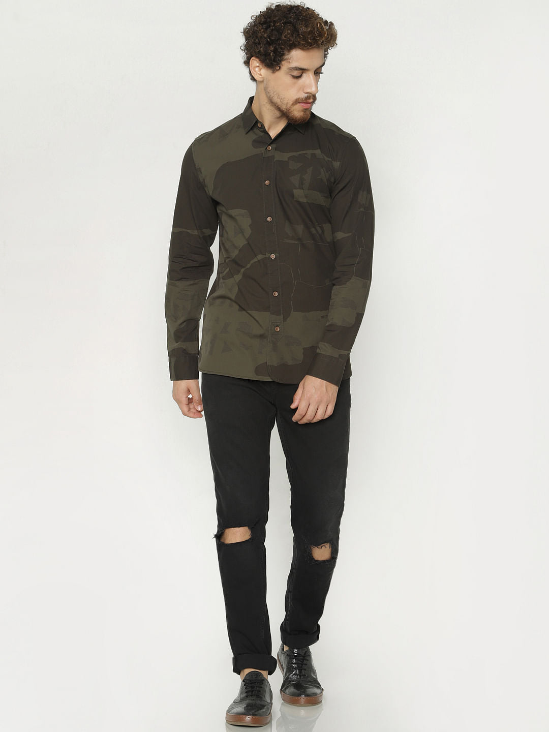 Green Camo Print Full Sleeves Shirt