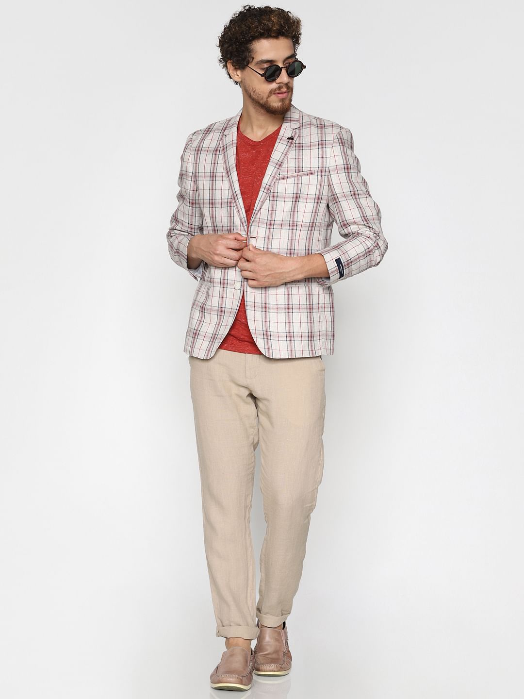 Beige Check Linen Blazer - 46