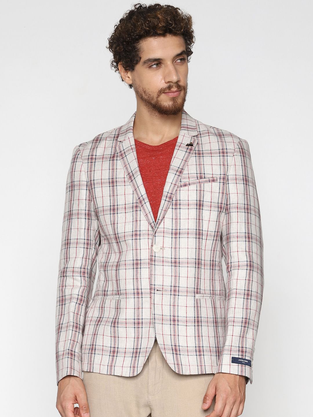 Beige Check Linen Blazer