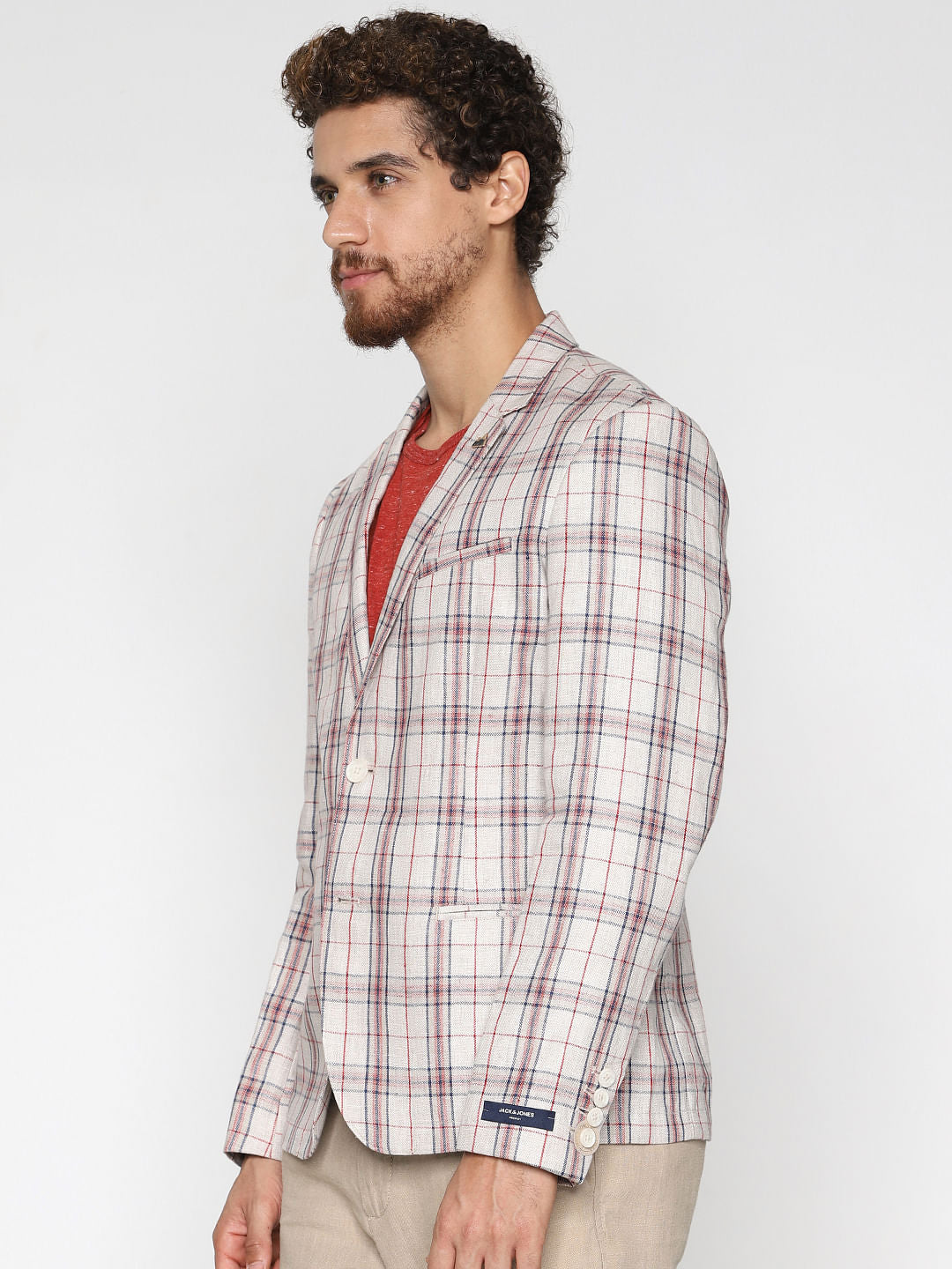 Beige Check Linen Blazer